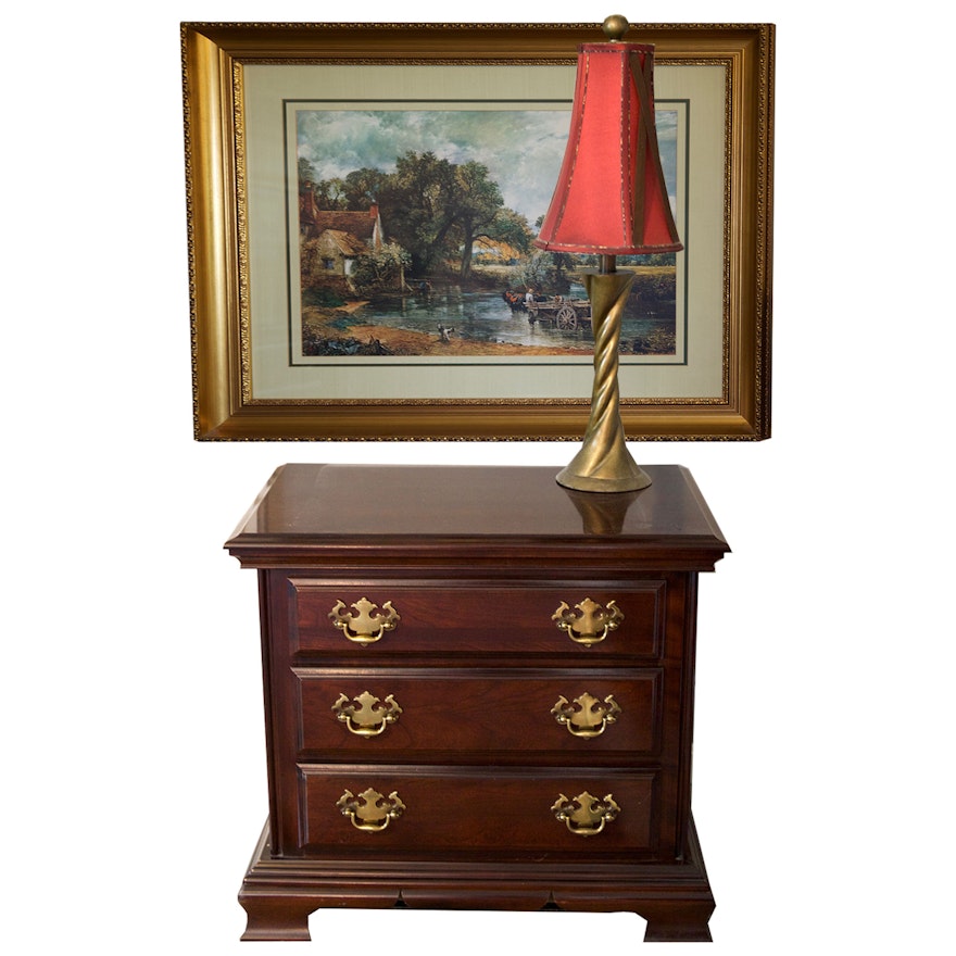 Nightstand Dresser, Accent Lamp and Framed Offset Lithograph