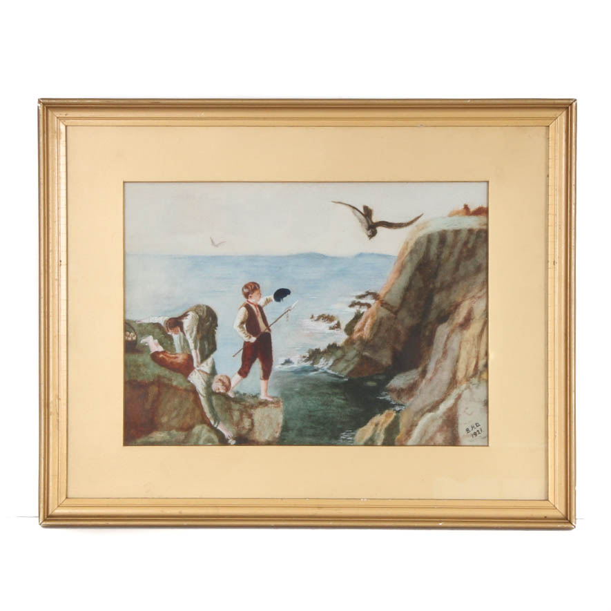 Vintage Watercolor Painting of School Children Fishing