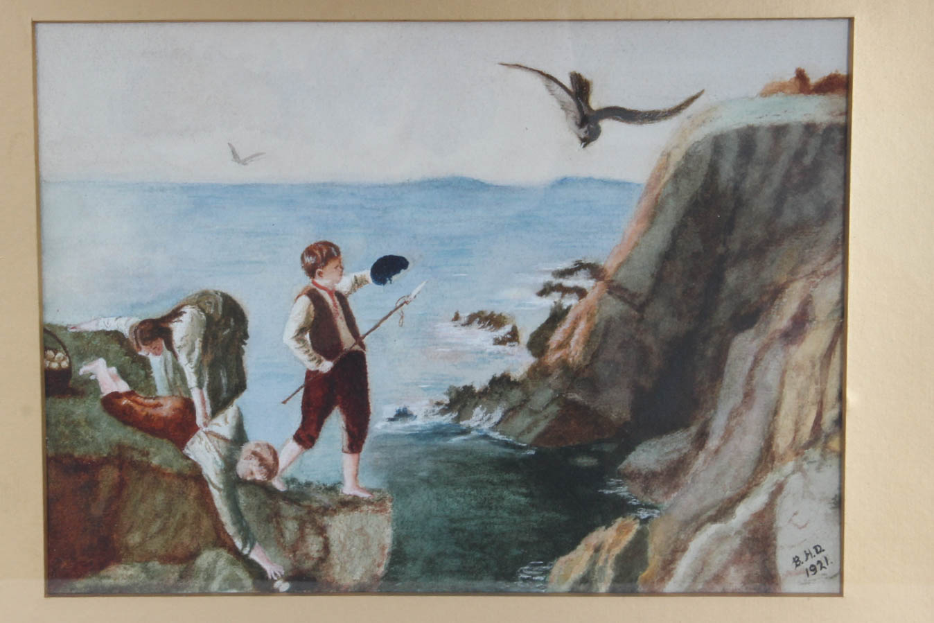 Vintage Watercolor Painting of School Children Fishing