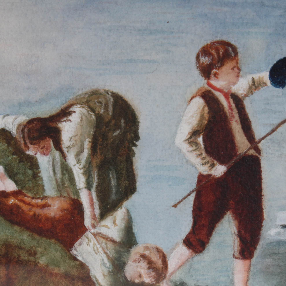 Vintage Watercolor Painting of School Children Fishing