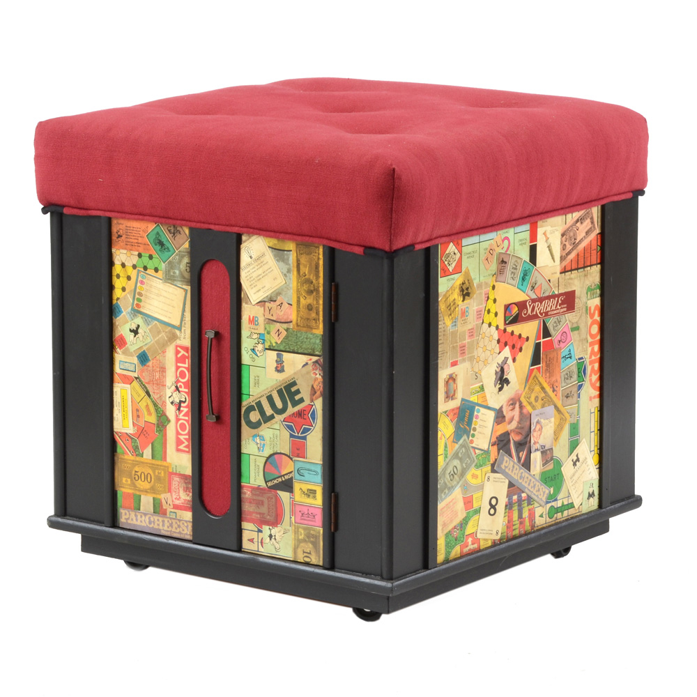 Game Board Decoupaged Storage Ottoman