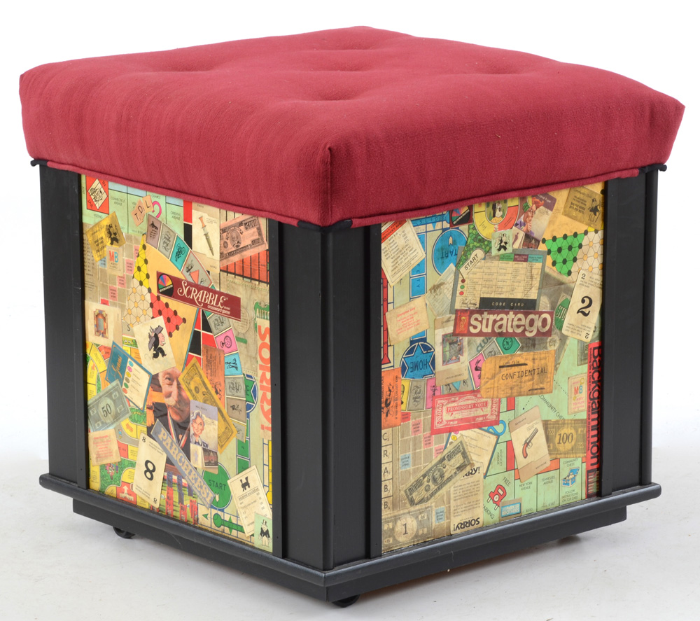 Game Board Decoupaged Storage Ottoman