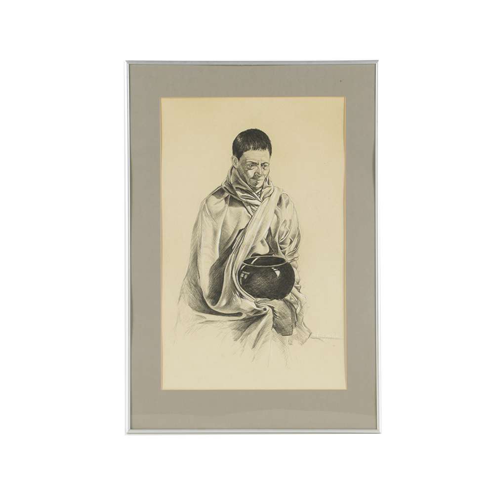 Charcoal Drawing on Paper of Man with a Pot
