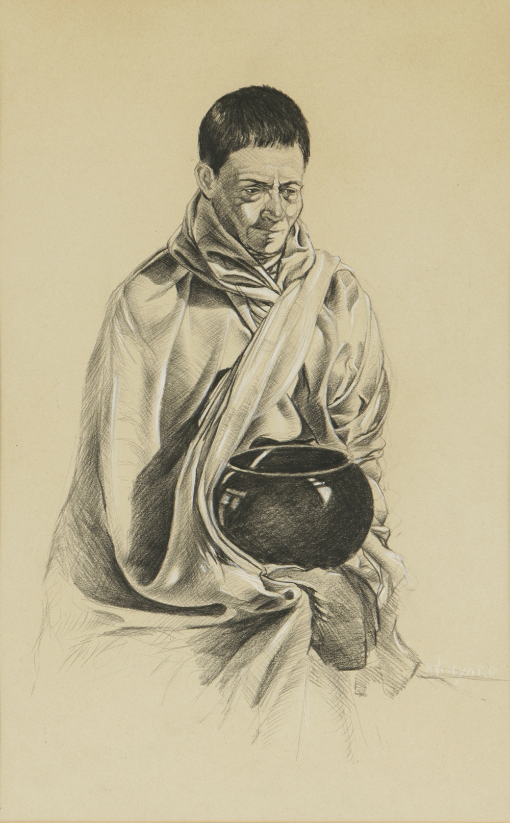 Charcoal Drawing on Paper of Man with a Pot