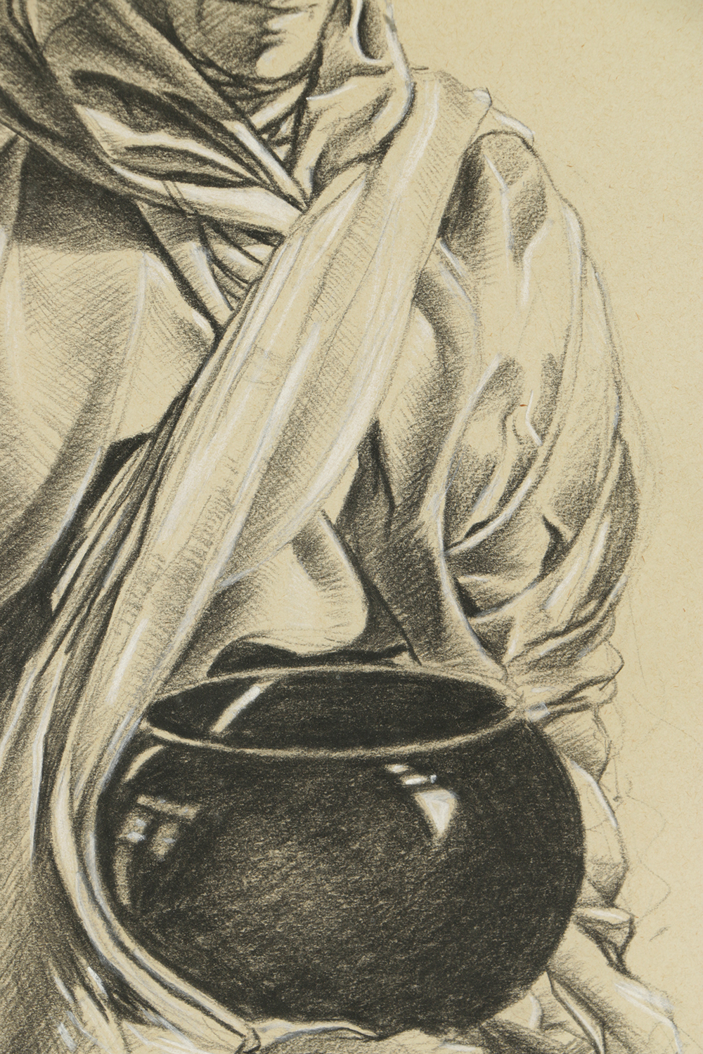 Charcoal Drawing on Paper of Man with a Pot