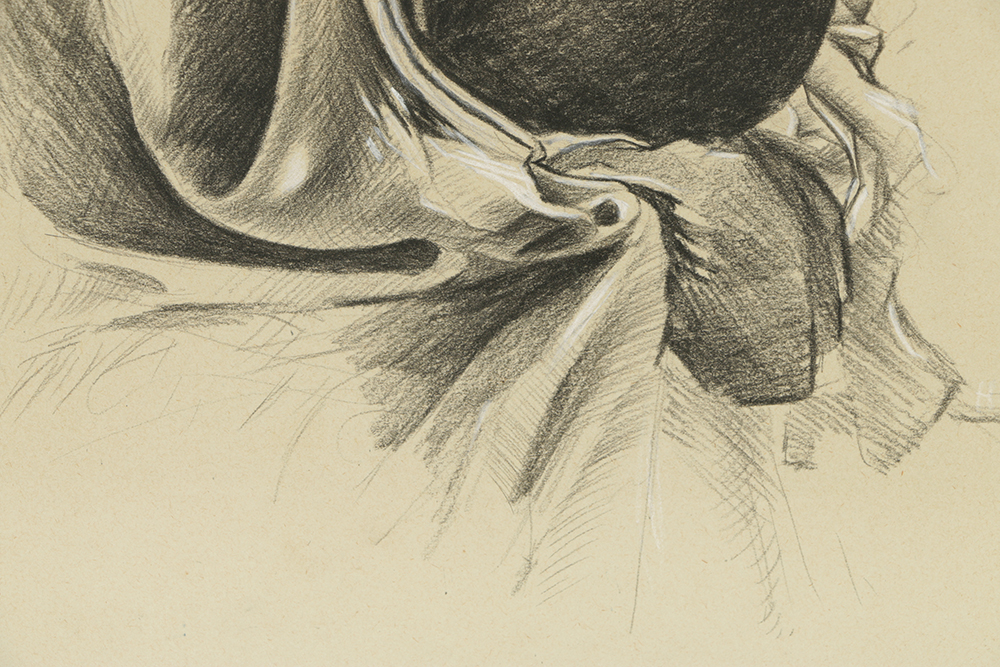 Charcoal Drawing on Paper of Man with a Pot