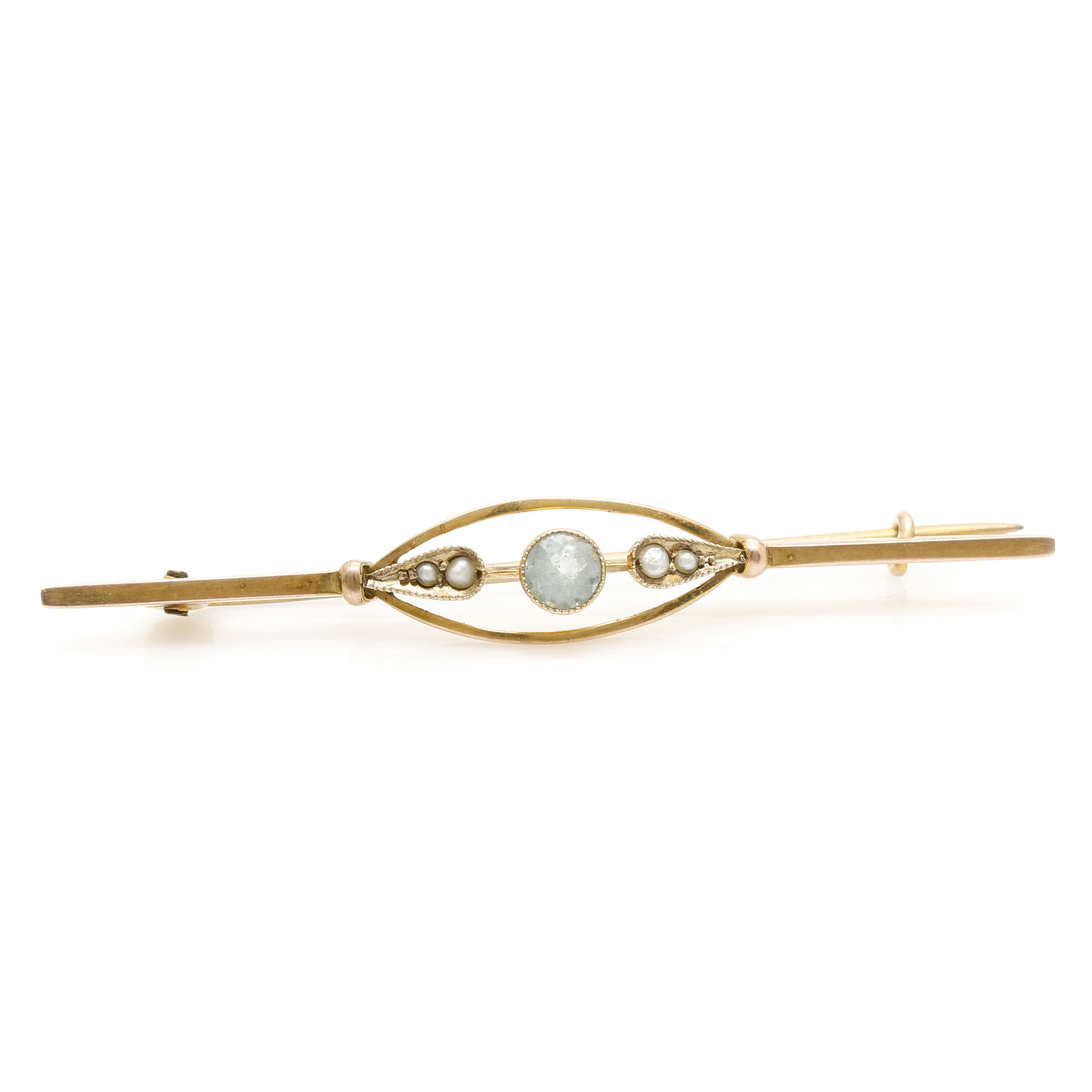Arts and Crafts 9K Yellow Gold Aquamarine and Seed Pearl Bar Pin