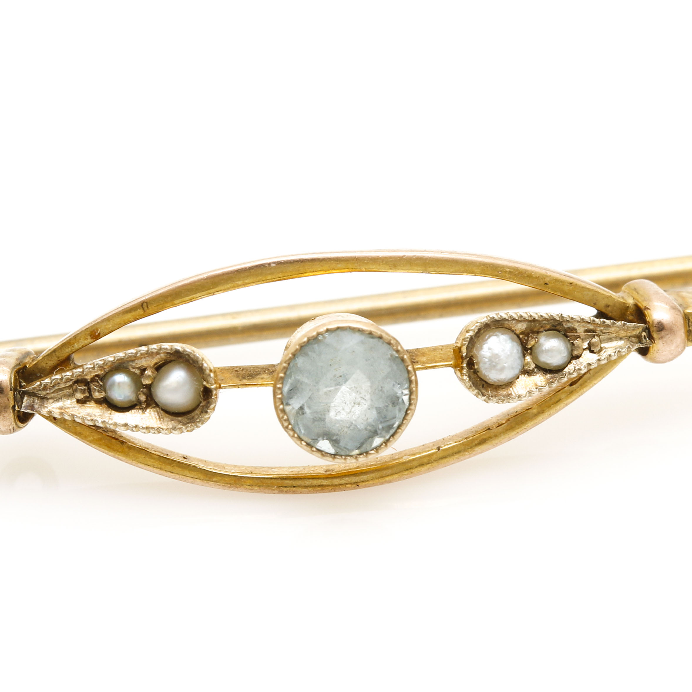 Arts and Crafts 9K Yellow Gold Aquamarine and Seed Pearl Bar Pin