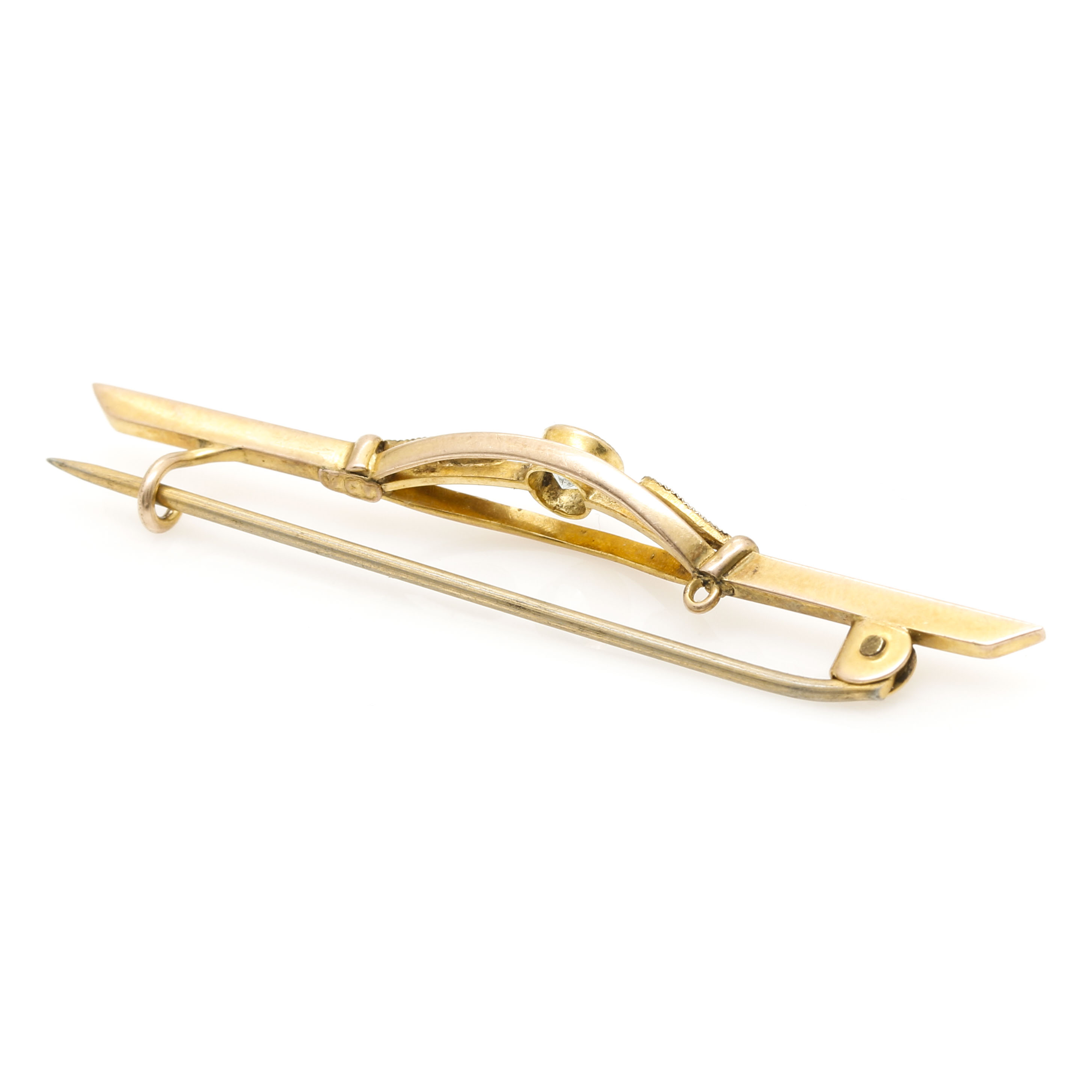 Arts and Crafts 9K Yellow Gold Aquamarine and Seed Pearl Bar Pin