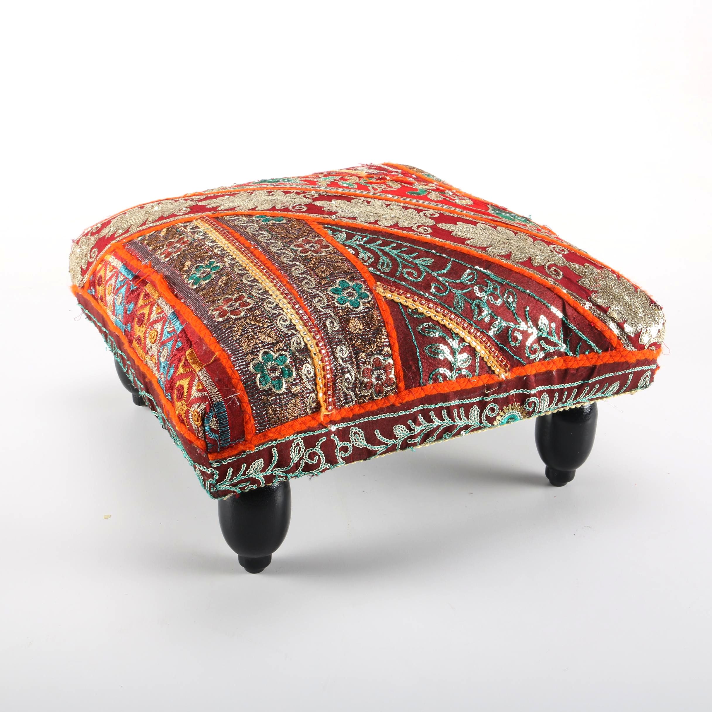 Indian Wooden Stool With Embroidered Cushion