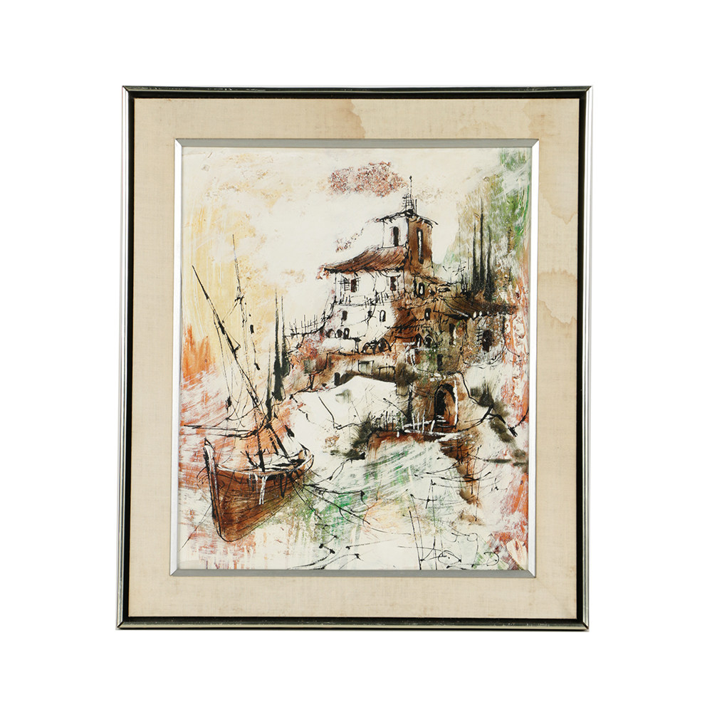 Oil Painting on Canvas of Seaside Building with Boat