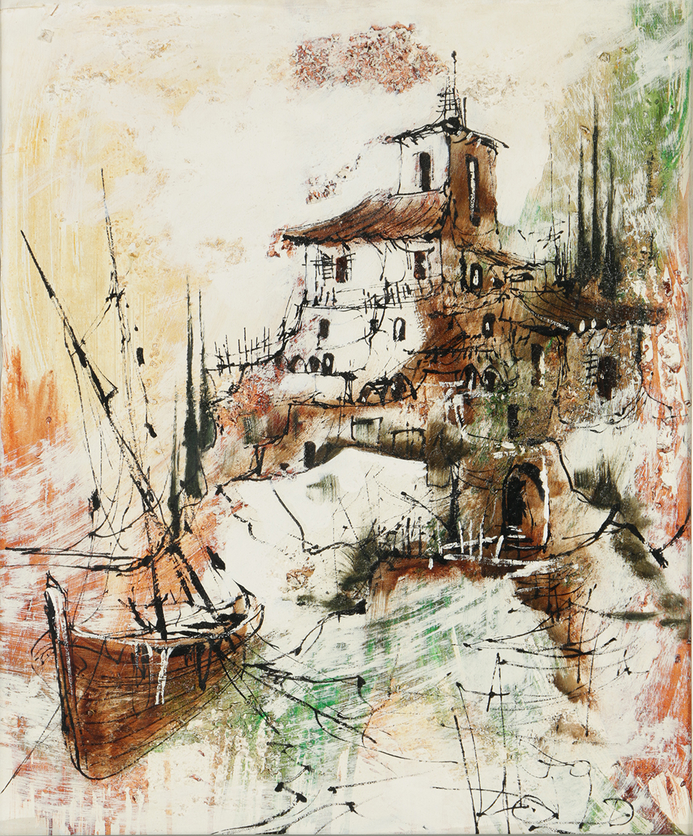 Oil Painting on Canvas of Seaside Building with Boat