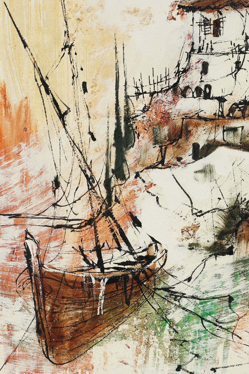 Oil Painting on Canvas of Seaside Building with Boat