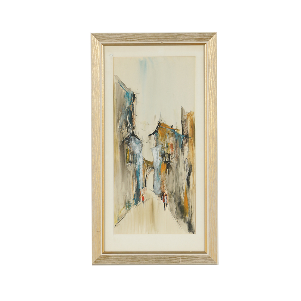 Watercolor and Gouache Painting on Paper of European Street Scene