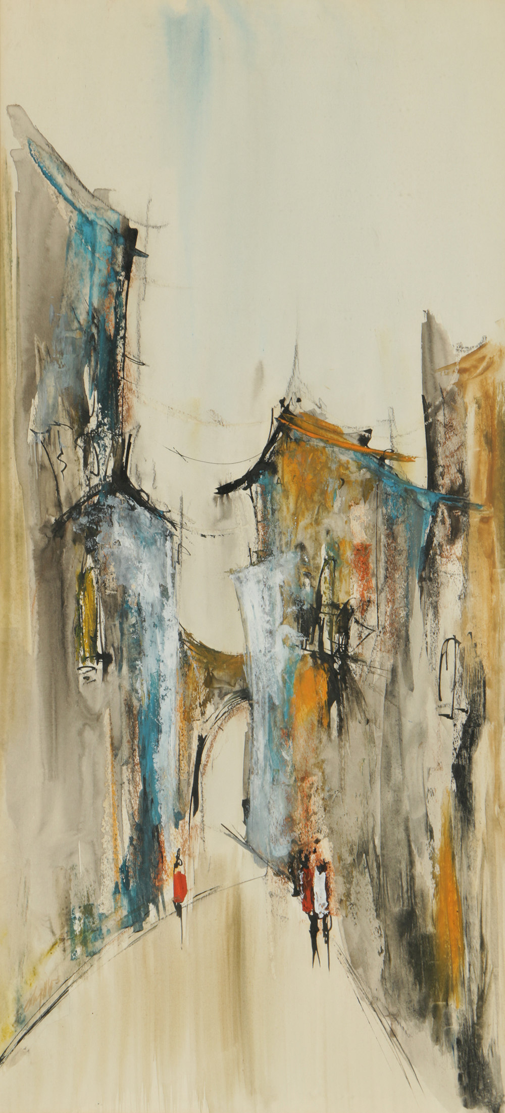 Watercolor and Gouache Painting on Paper of European Street Scene