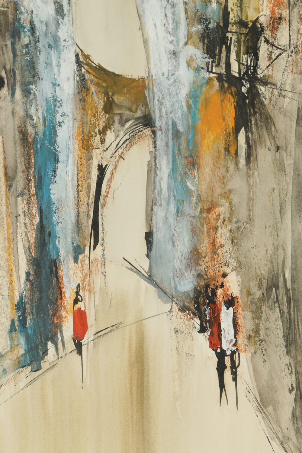 Watercolor and Gouache Painting on Paper of European Street Scene