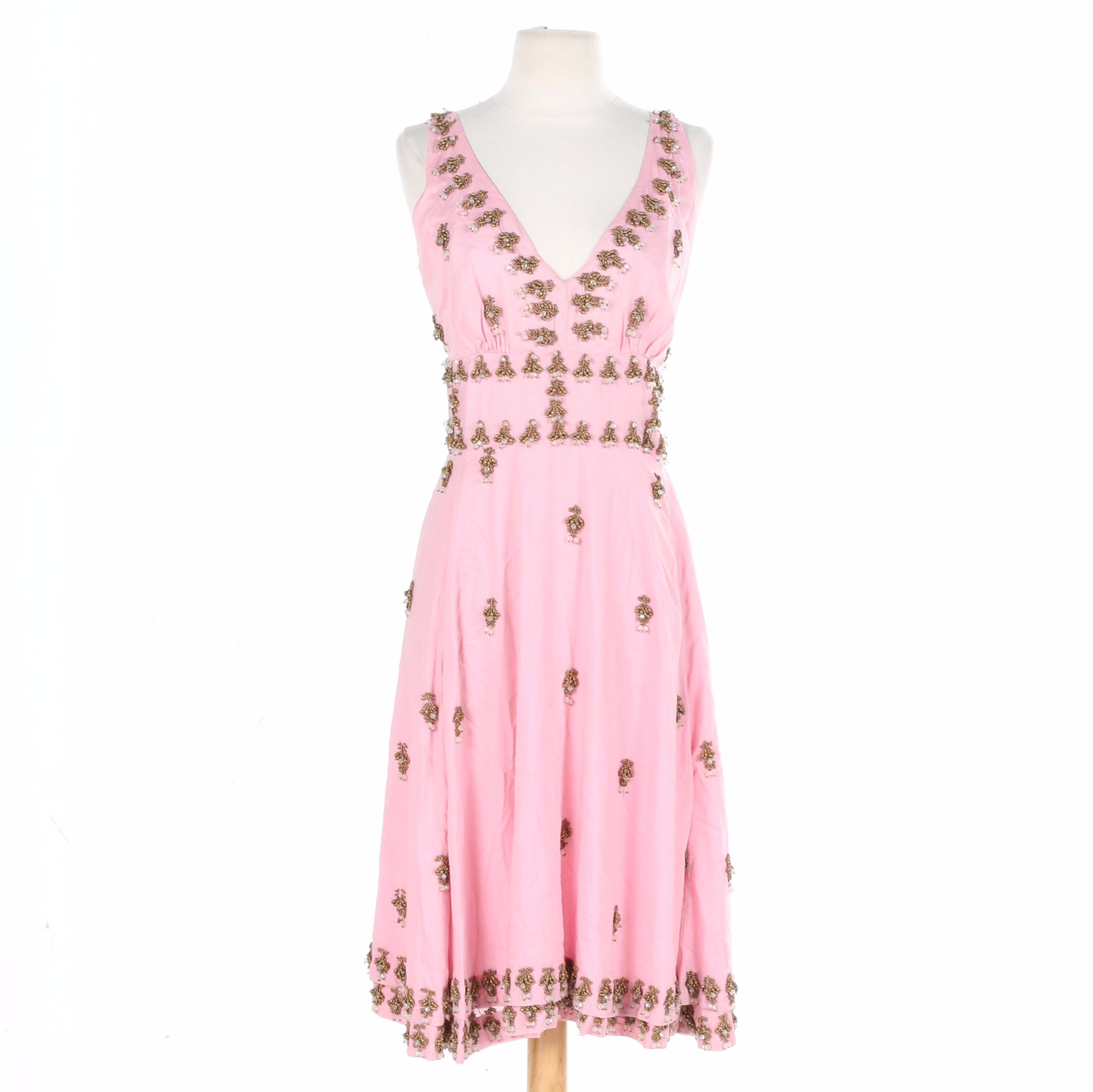 Tracy Reece Pink Cotton Beaded Sleeveless Halter Dress