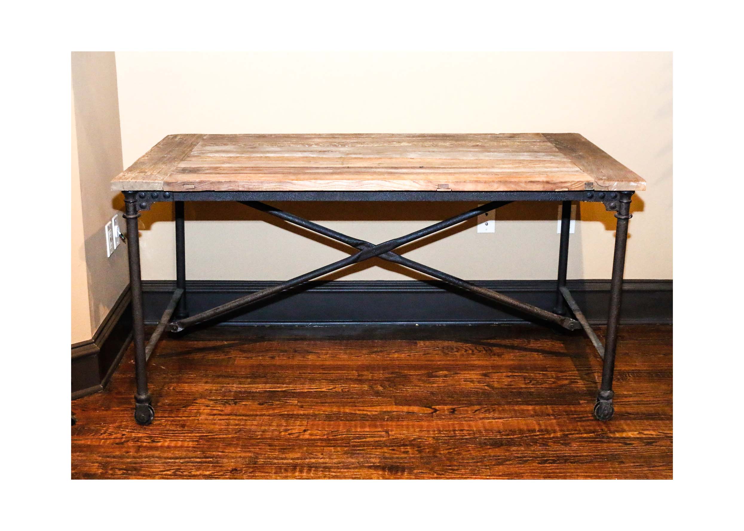 Industrial Table with Metal Base and Casters