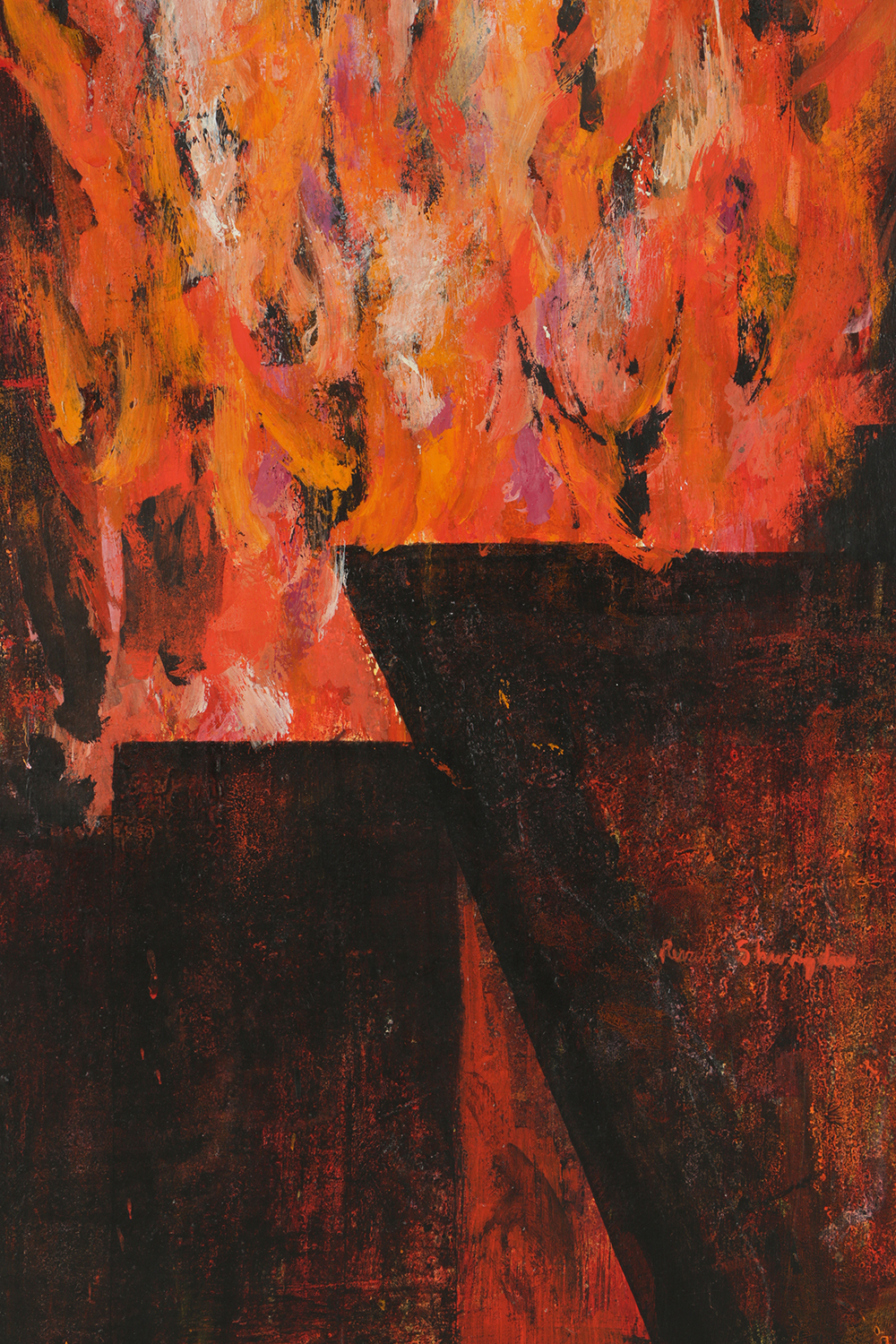 Oil Painting on Board of a Fire