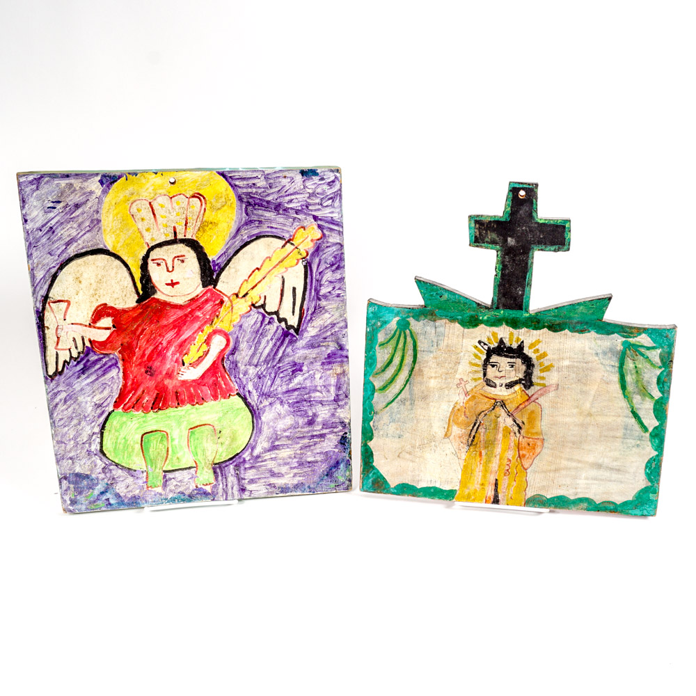 Pair of Mexican Religious Folk Art Paintings by Maricial Chalo Rodriguez
