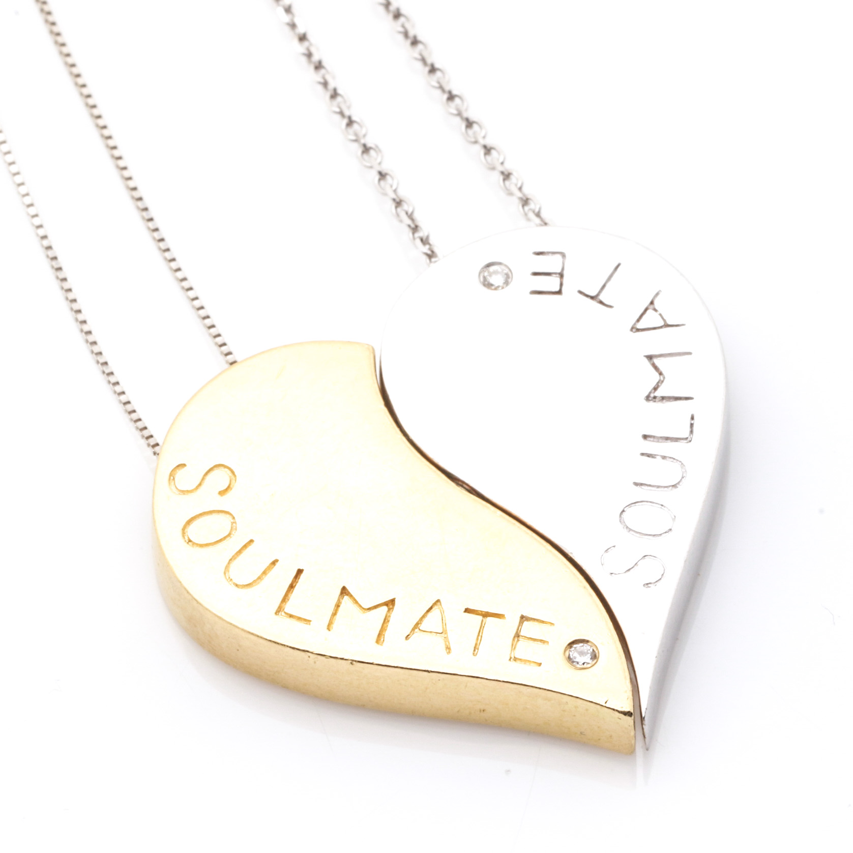 14K Yellow Gold and White Gold Diamond Half Heart Pendant Necklaces