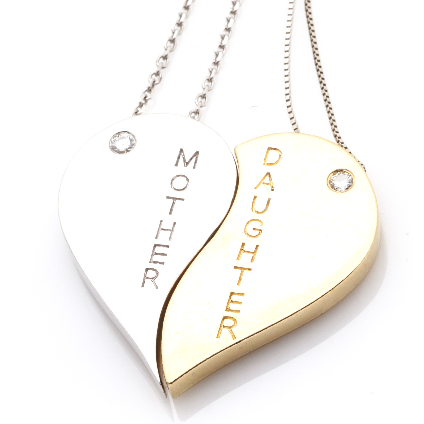 14K Yellow Gold and White Gold Diamond Half Heart Pendant Necklaces