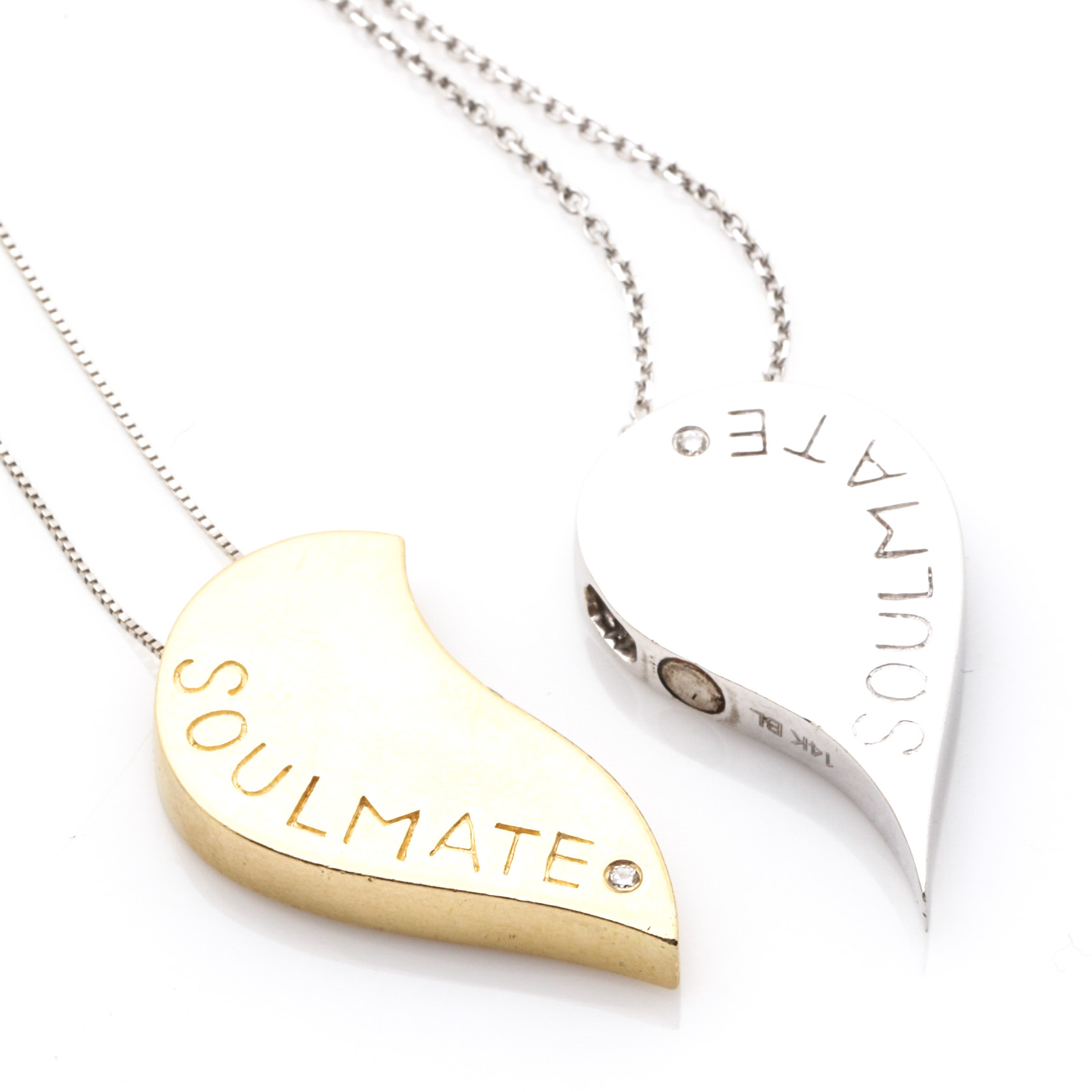 14K Yellow Gold and White Gold Diamond Half Heart Pendant Necklaces