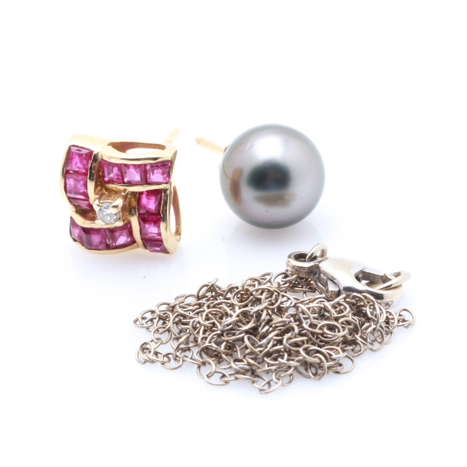 14K White Gold Chain Necklace and 14K Yellow Gold Gemstone Earrings