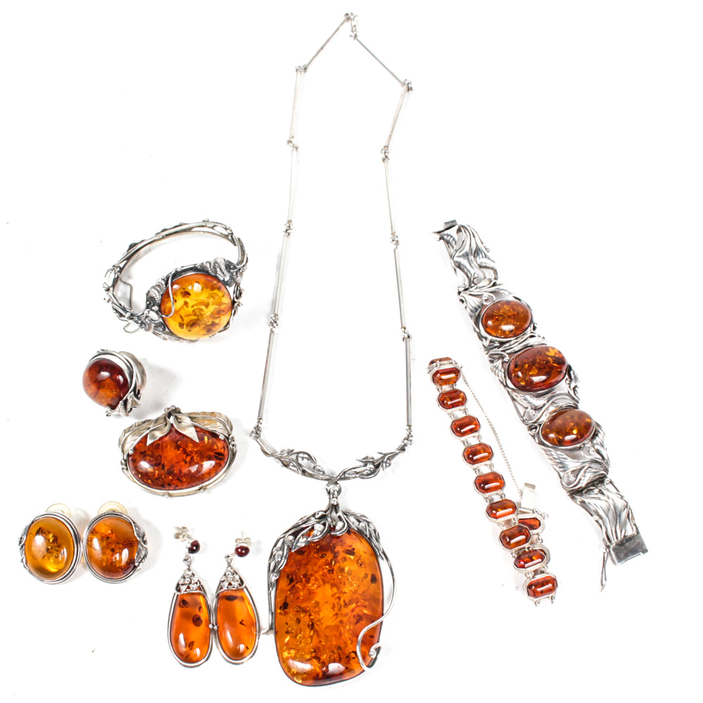 Silver Tone and Faux Amber Costume Jewelry