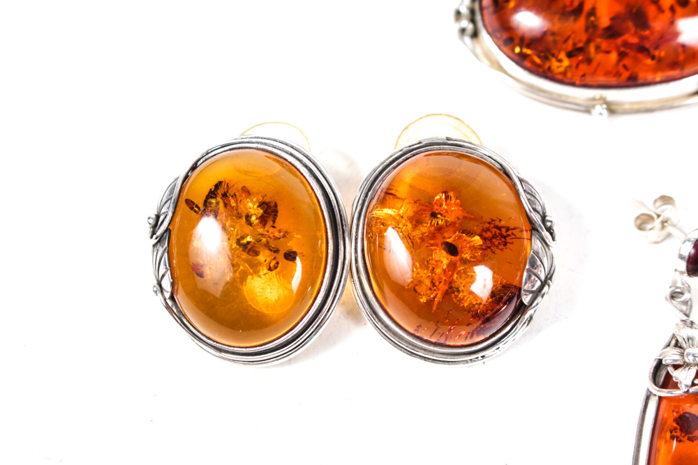 Silver Tone and Faux Amber Costume Jewelry