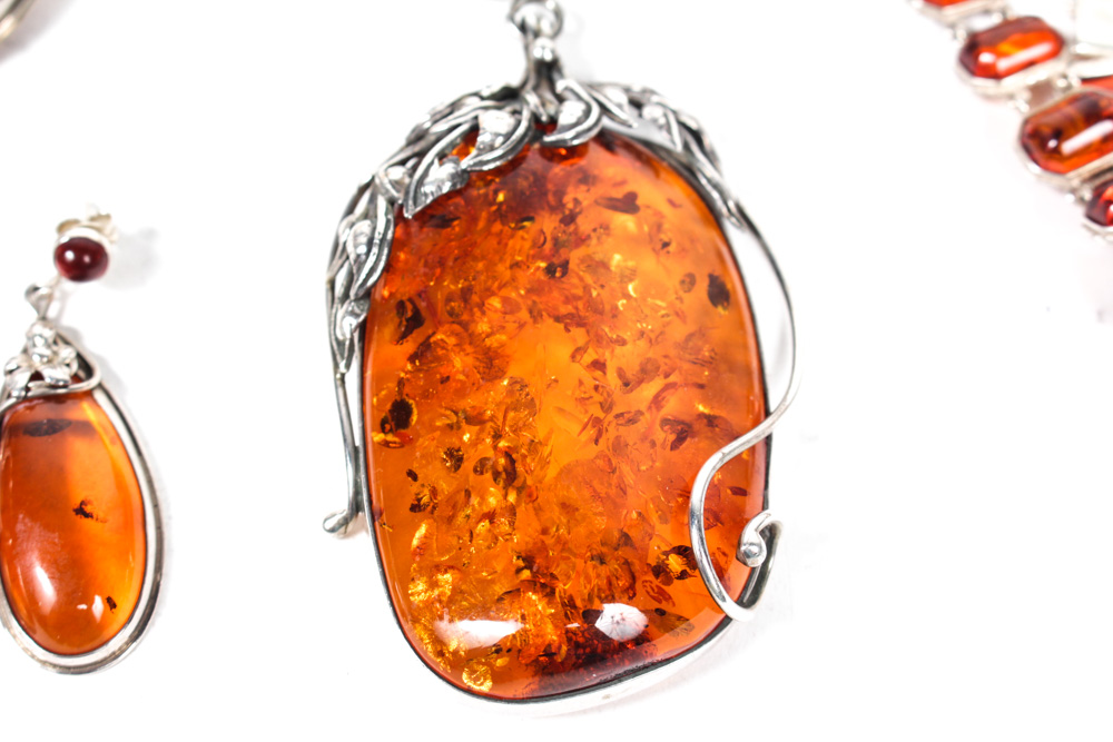 Silver Tone and Faux Amber Costume Jewelry