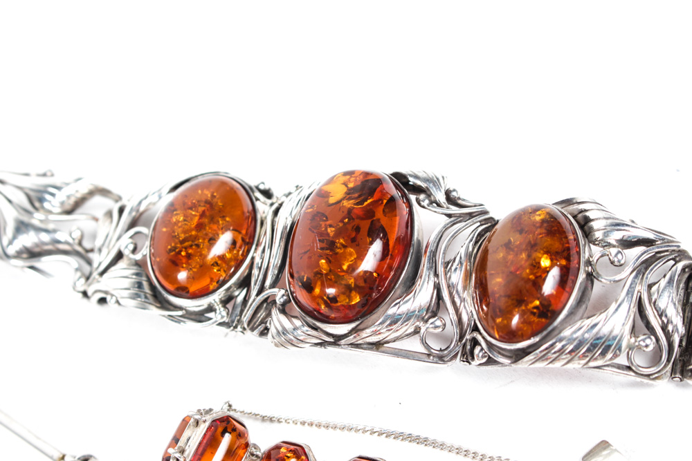 Silver Tone and Faux Amber Costume Jewelry