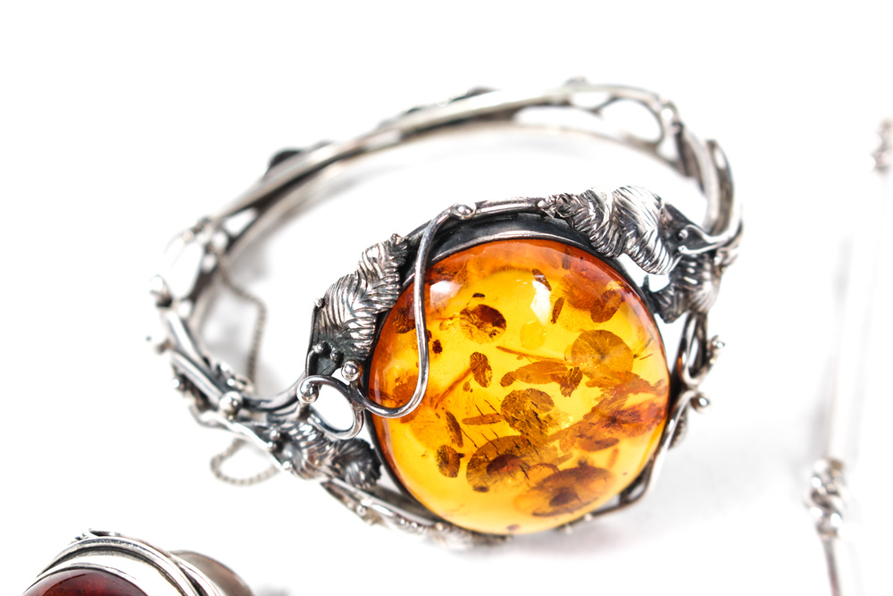 Silver Tone and Faux Amber Costume Jewelry