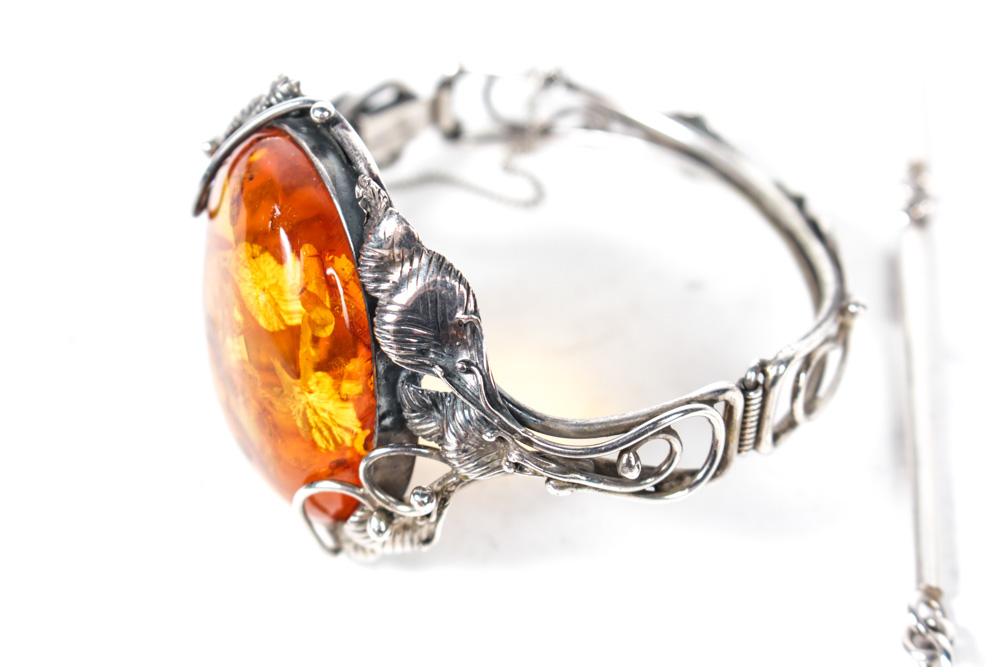 Silver Tone and Faux Amber Costume Jewelry