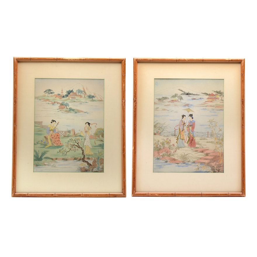 Pair of Enila Lowe Hand-Colored Chinese Garden Scene Lithographs