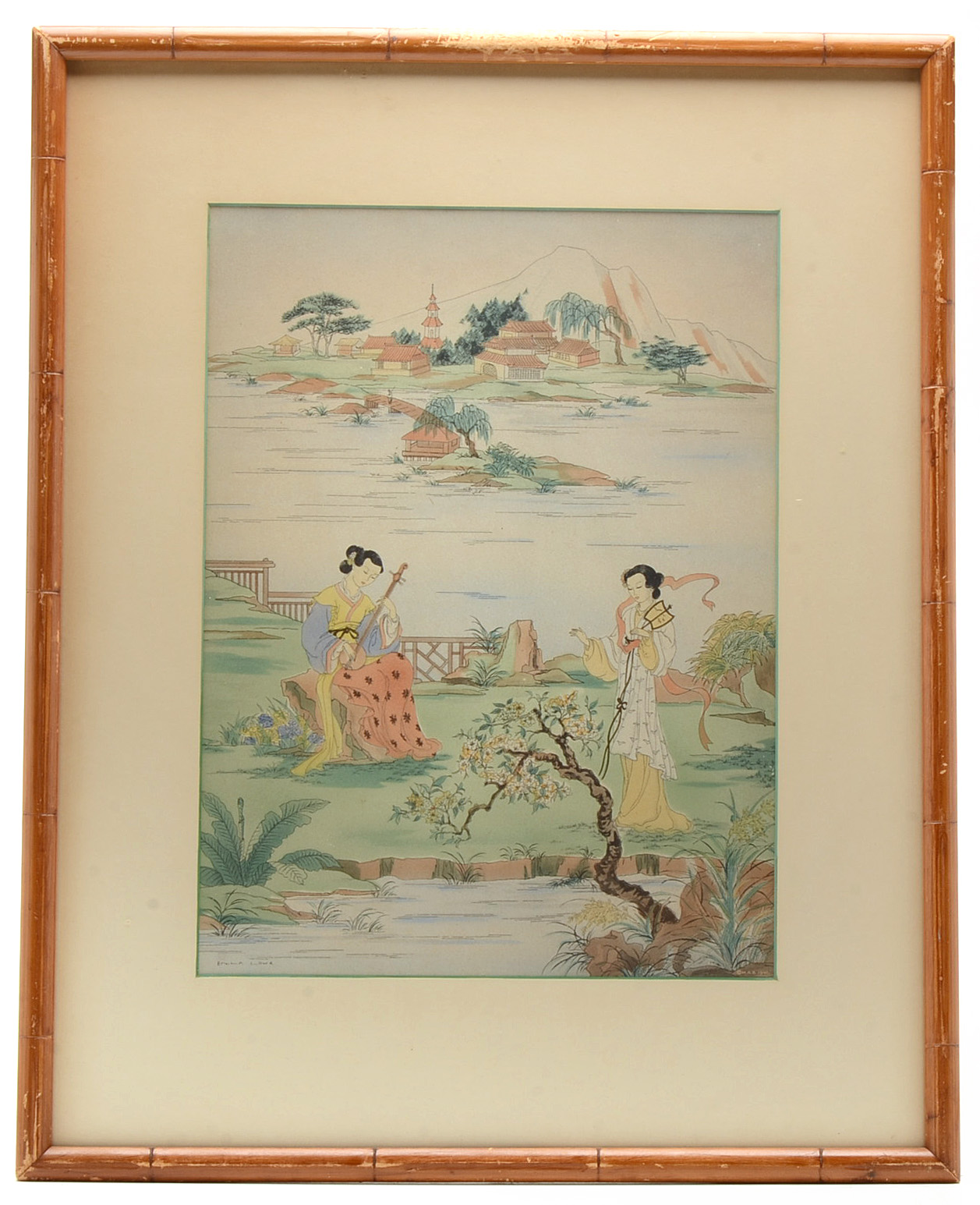 Pair of Enila Lowe Hand-Colored Chinese Garden Scene Lithographs