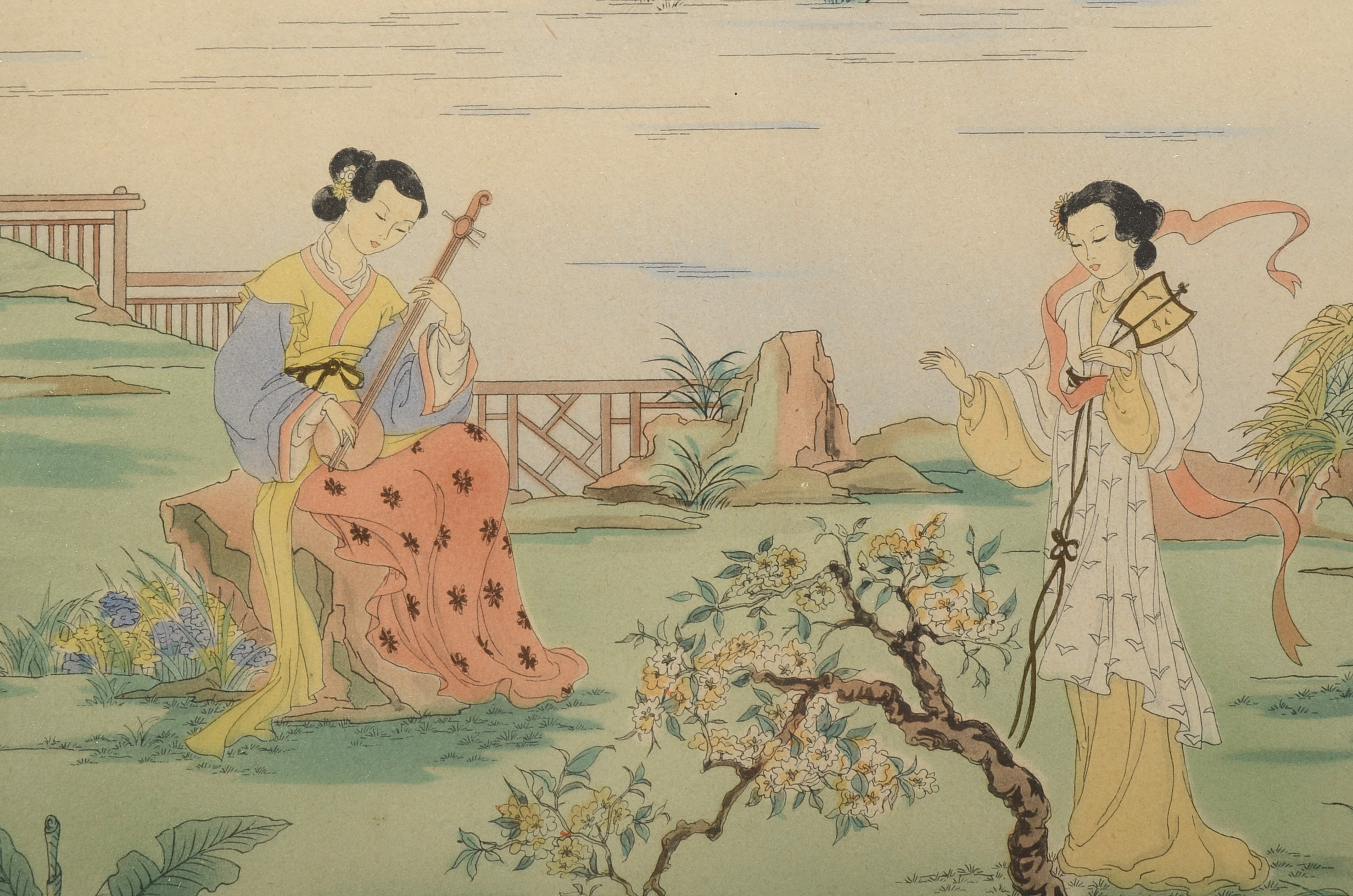 Pair of Enila Lowe Hand-Colored Chinese Garden Scene Lithographs