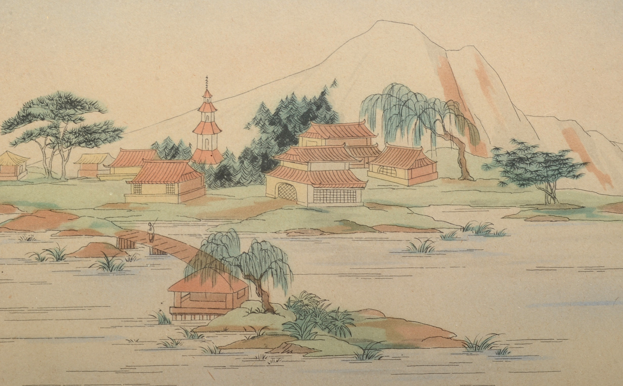 Pair of Enila Lowe Hand-Colored Chinese Garden Scene Lithographs