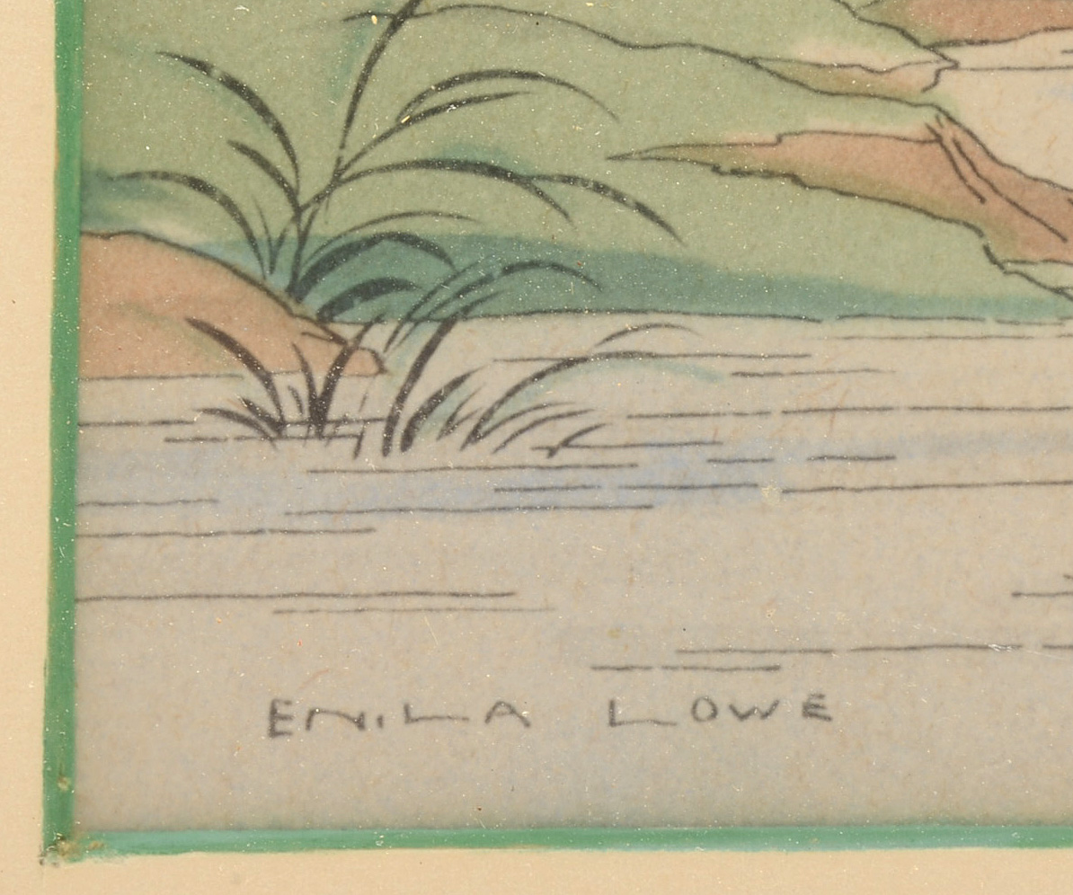 Pair of Enila Lowe Hand-Colored Chinese Garden Scene Lithographs
