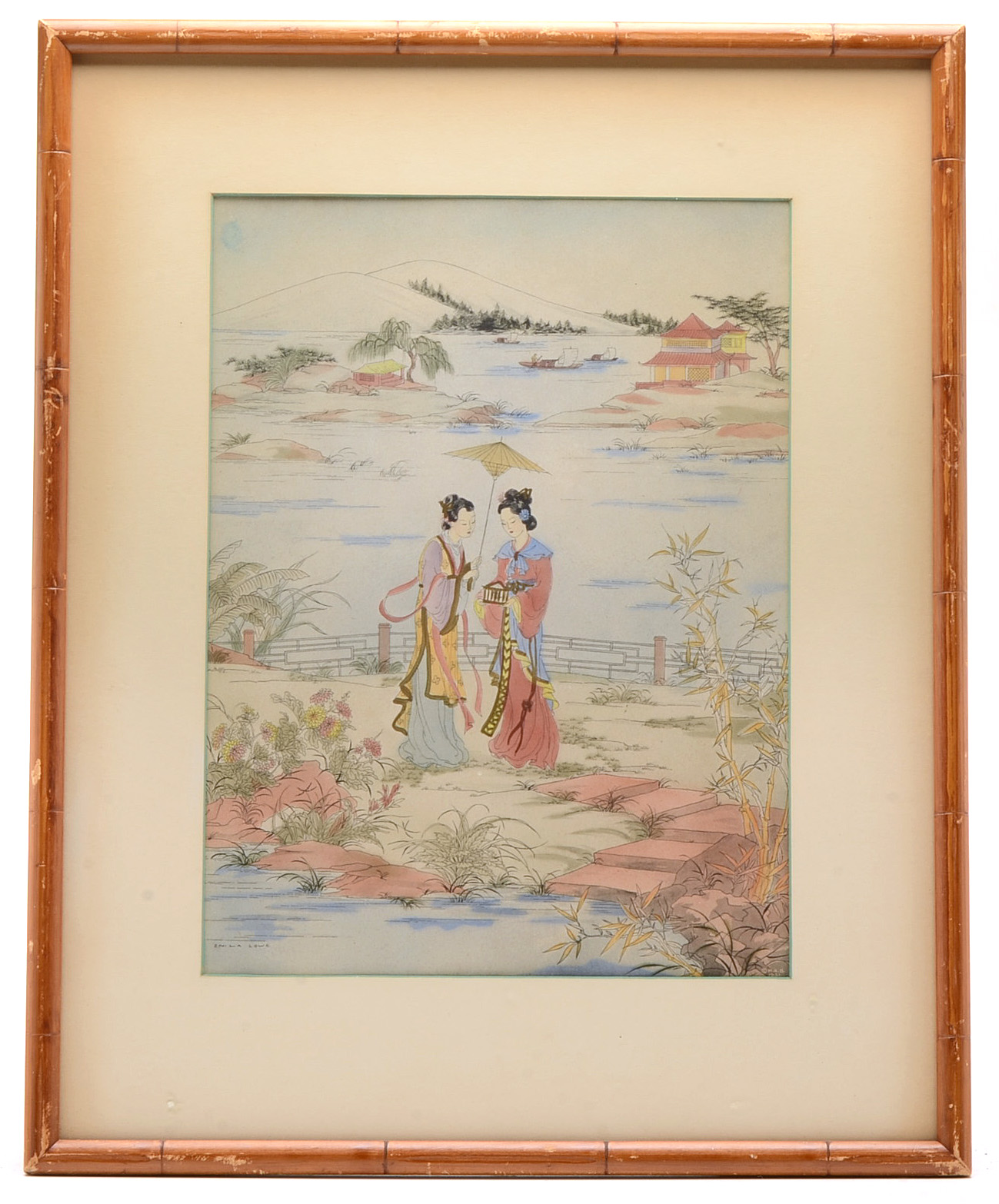 Pair of Enila Lowe Hand-Colored Chinese Garden Scene Lithographs