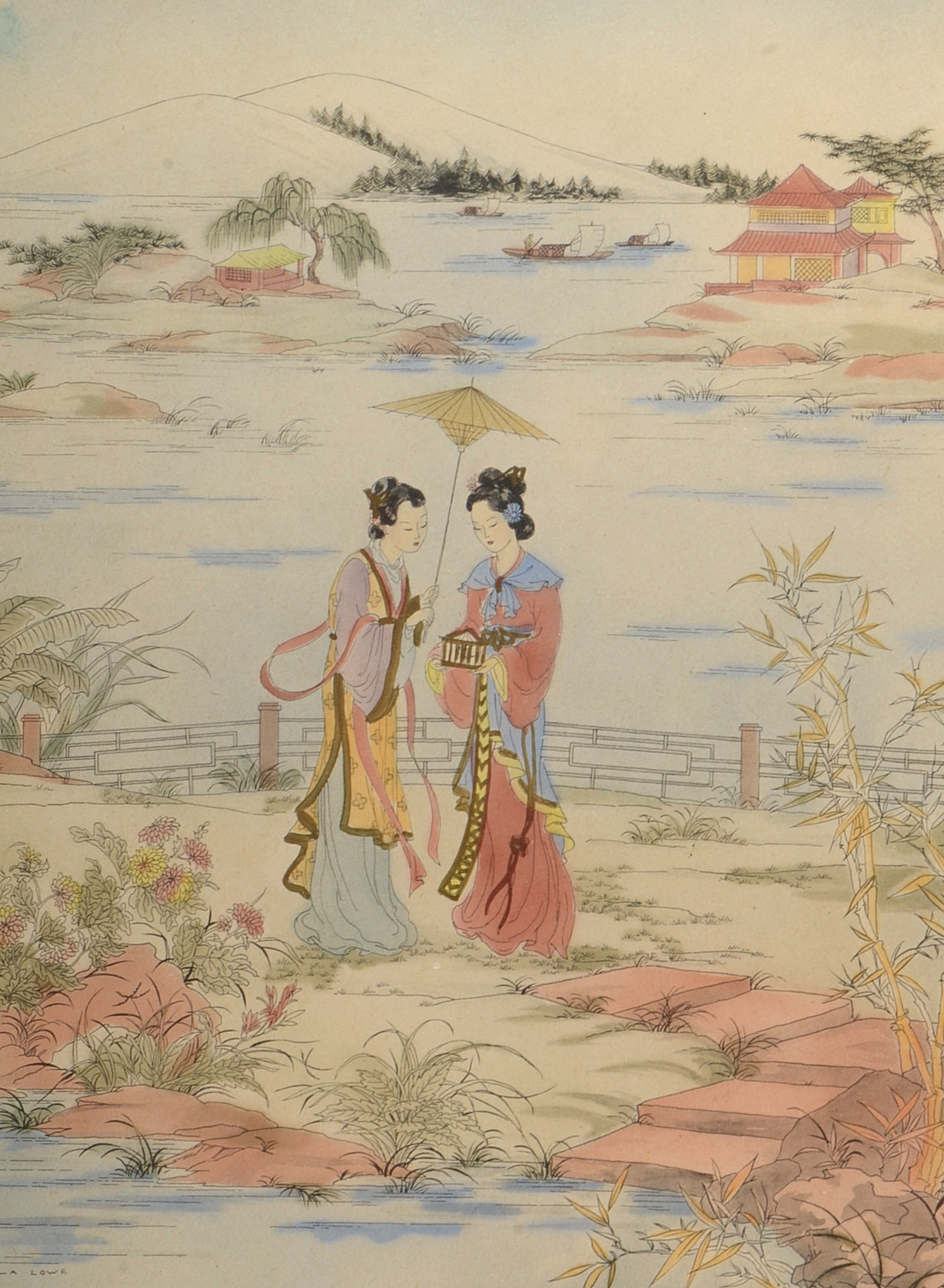 Pair of Enila Lowe Hand-Colored Chinese Garden Scene Lithographs