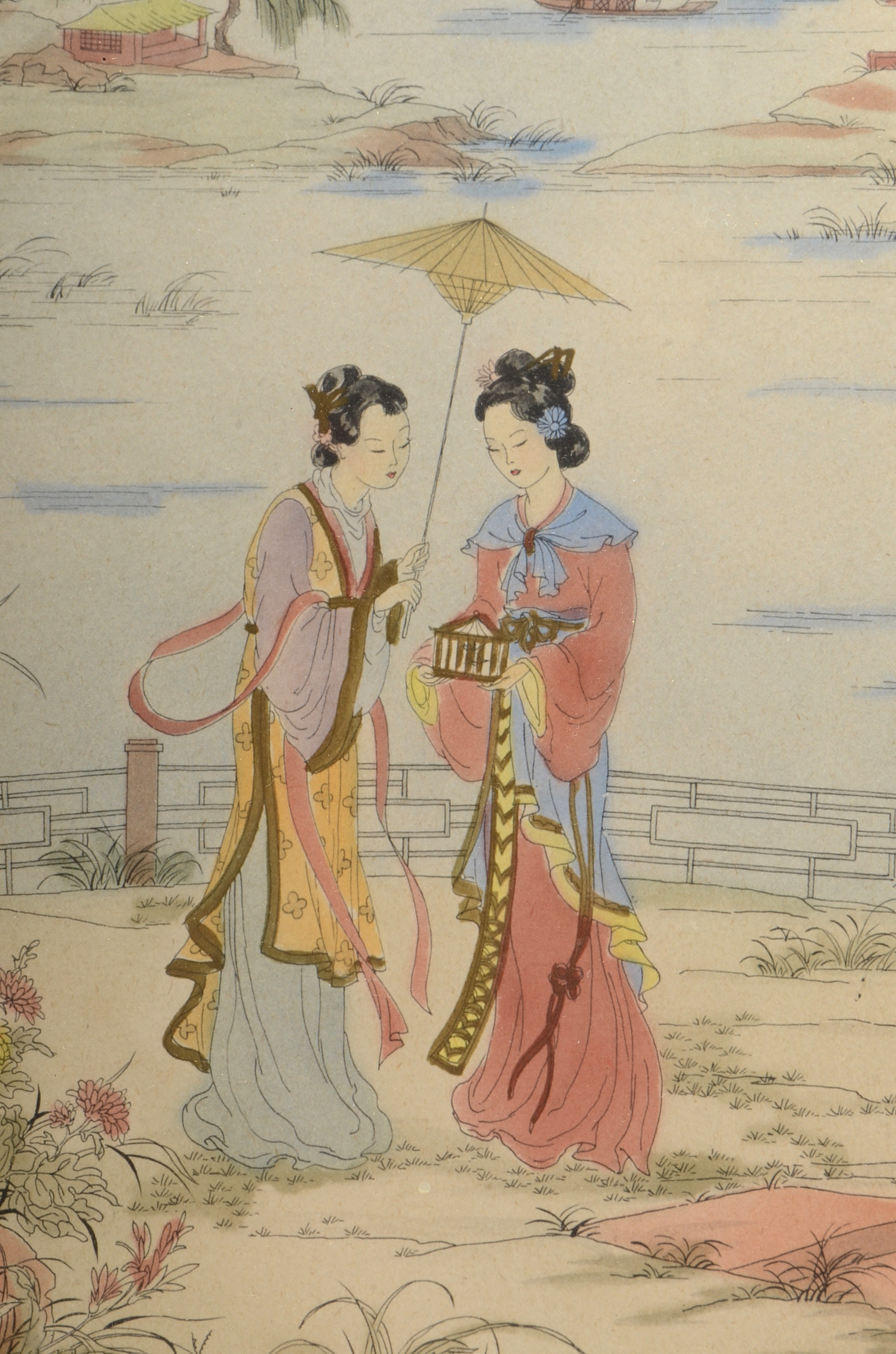 Pair of Enila Lowe Hand-Colored Chinese Garden Scene Lithographs