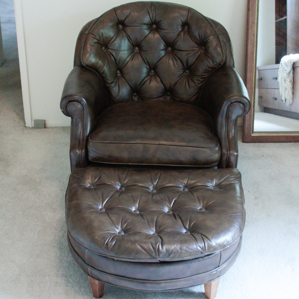 Vintage Tufted Naugahyde Arm Chair and Ottoman
