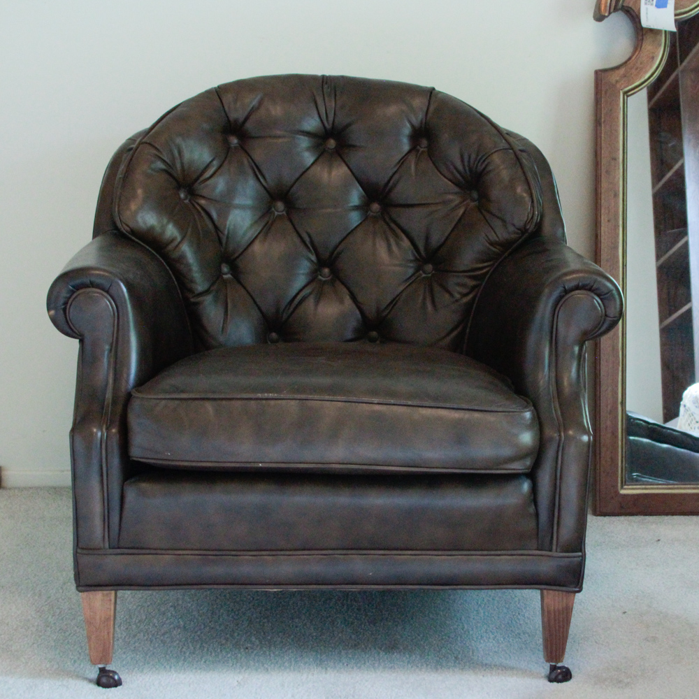 Vintage Tufted Naugahyde Arm Chair and Ottoman