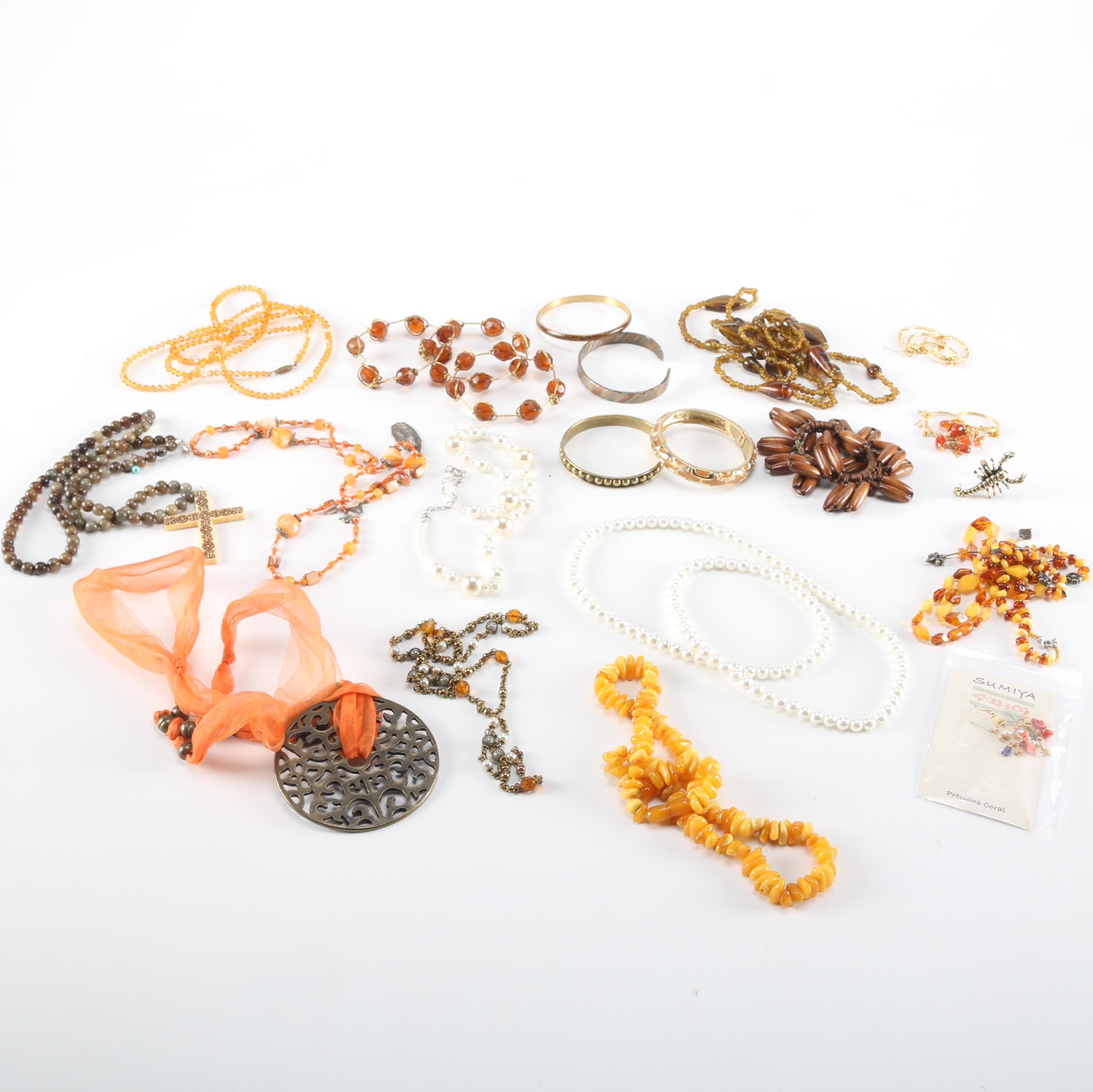 Costume Jewelry Including Coral and Amber