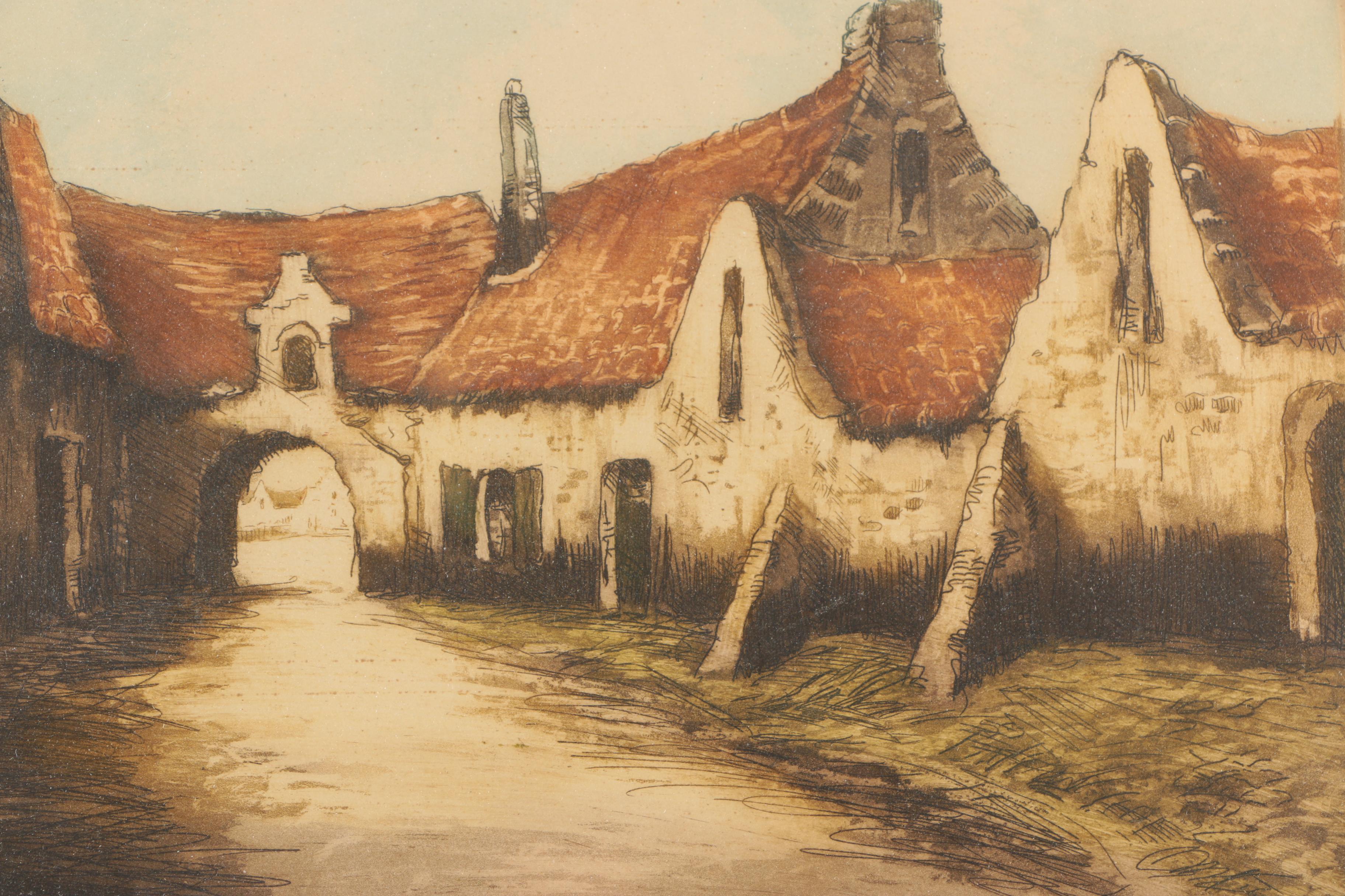 Brunet Mid-Century Etching on Paper "Beguinage in Bruges, Belgium"