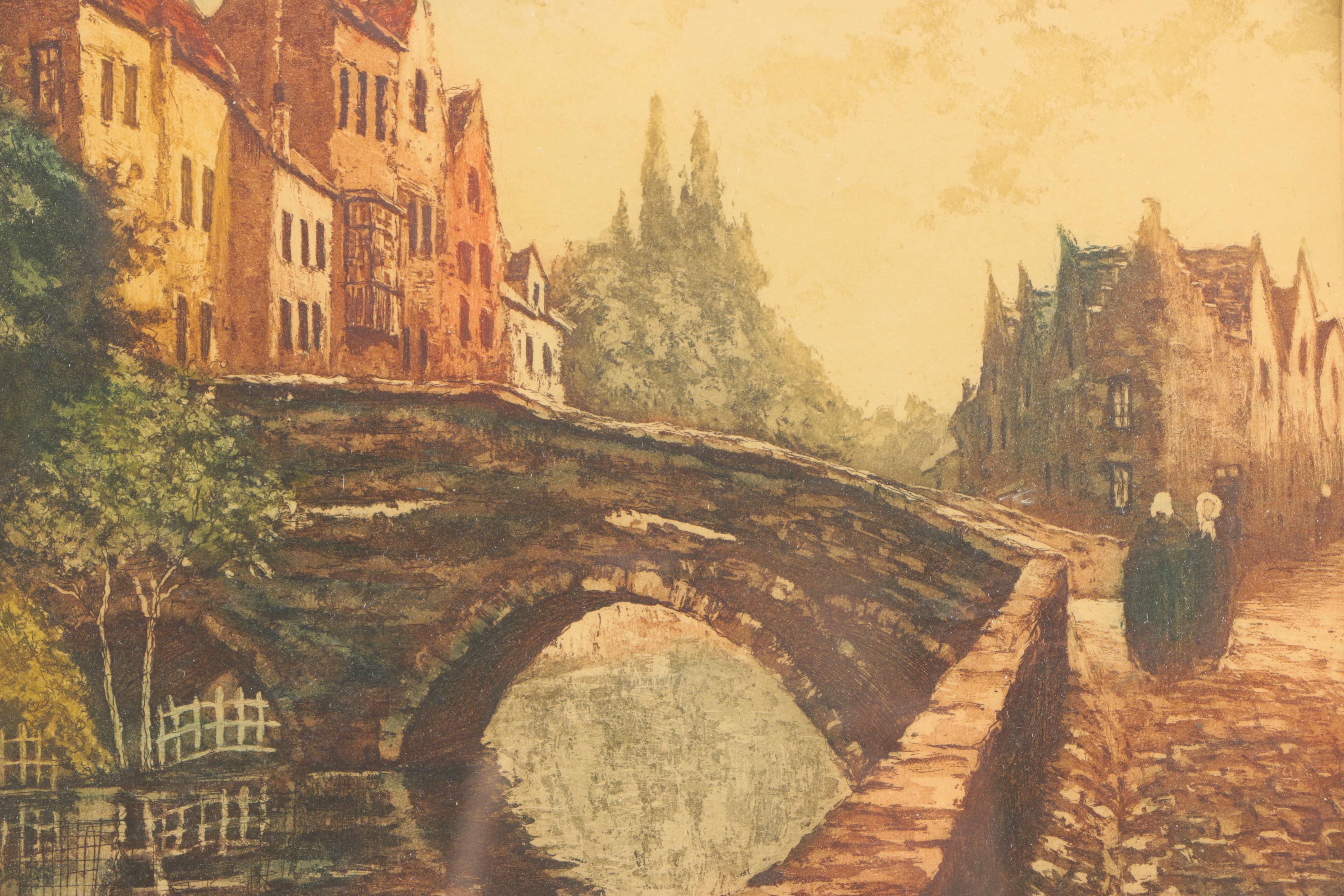 Hand Colored Aquatint of European Cityscape With Bridge