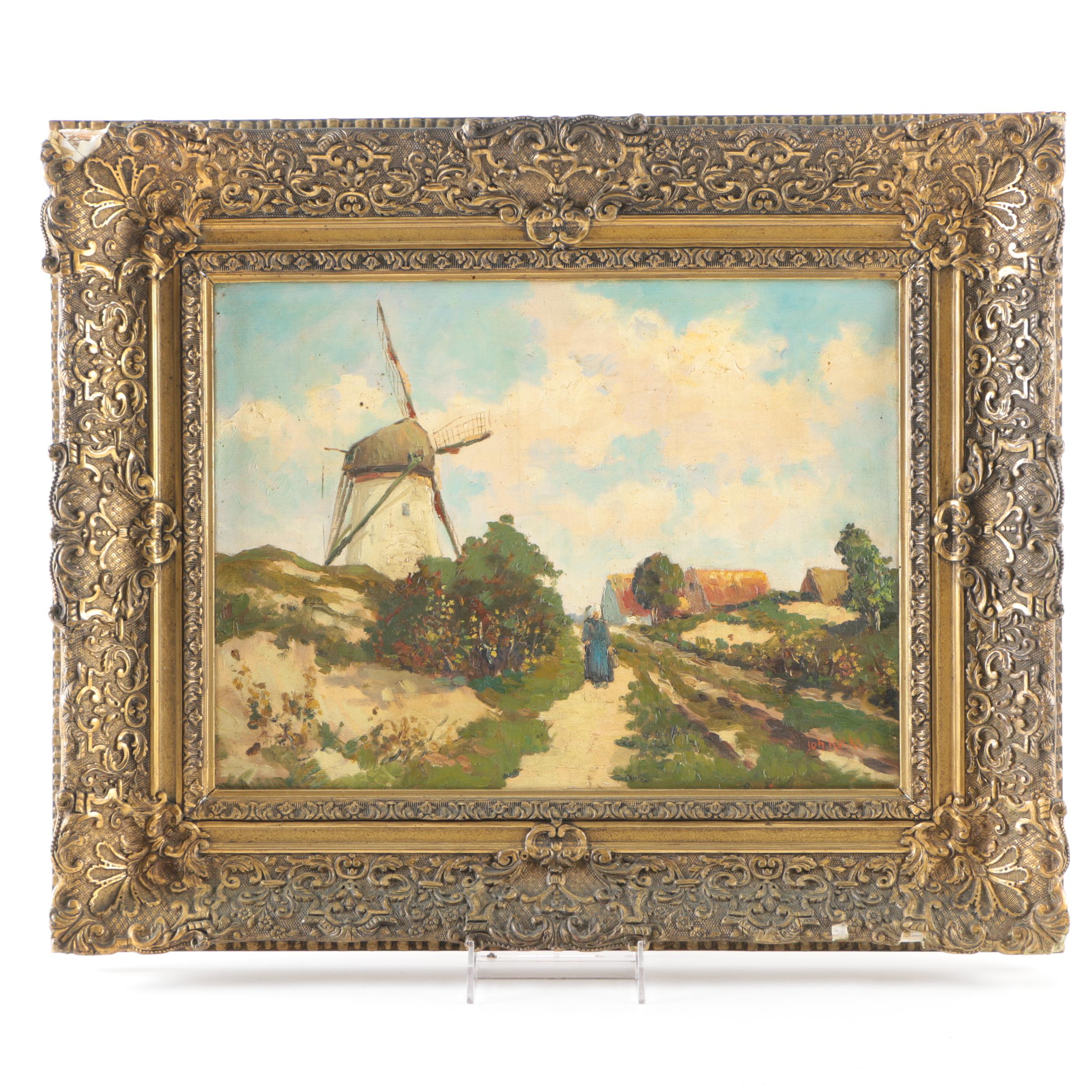 Framed Oil Painting on Canvas of a Windmill
