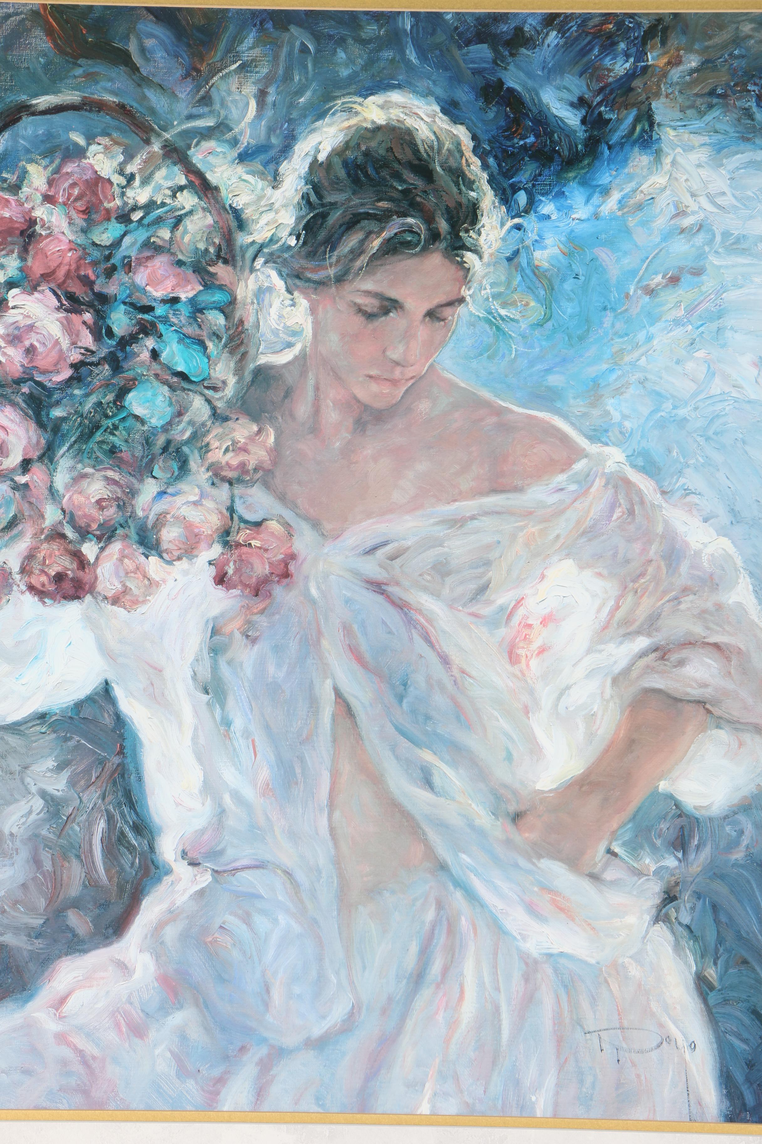 Jose Royo Offset Lithograph of Woman With Flowers