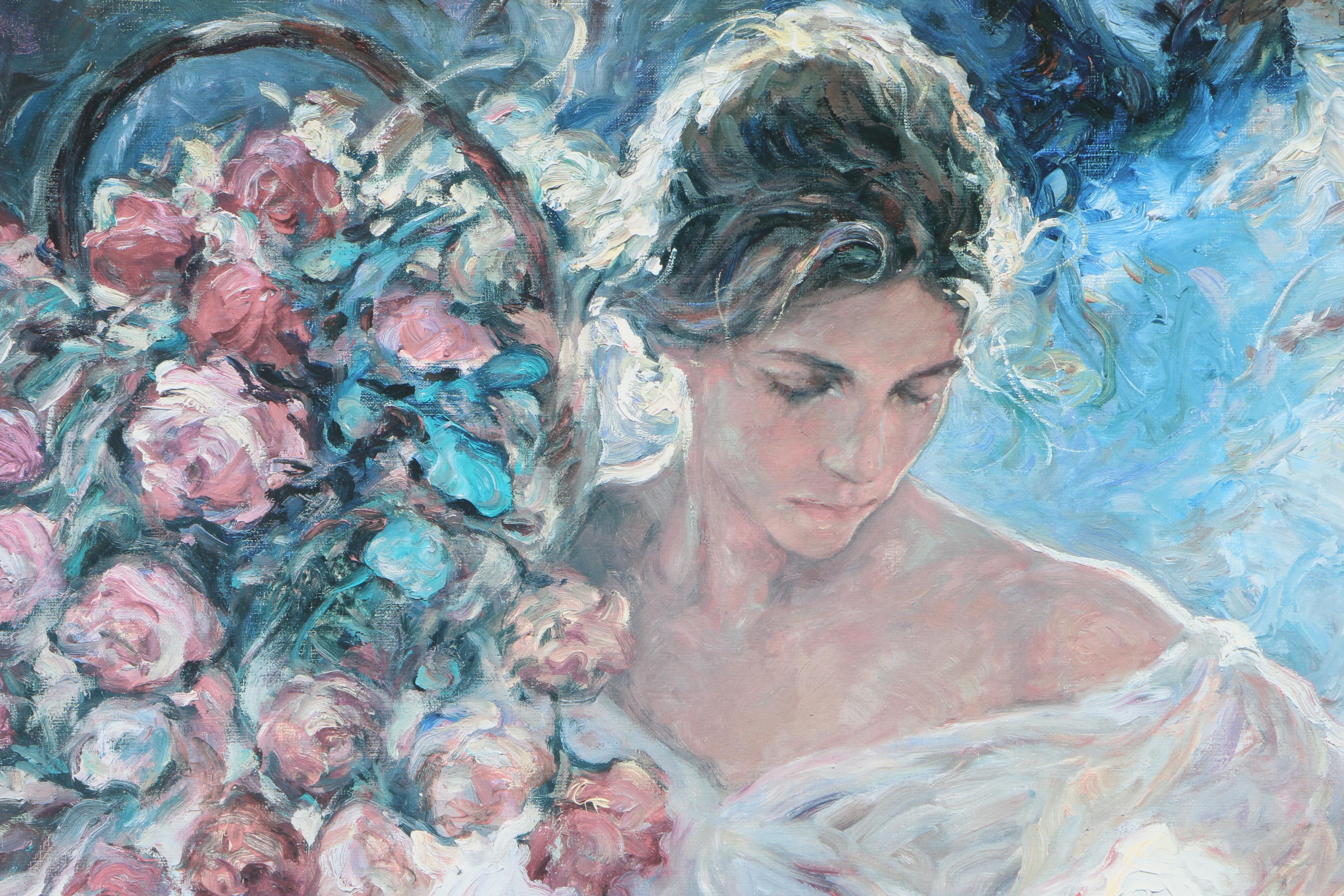 Jose Royo Offset Lithograph of Woman With Flowers